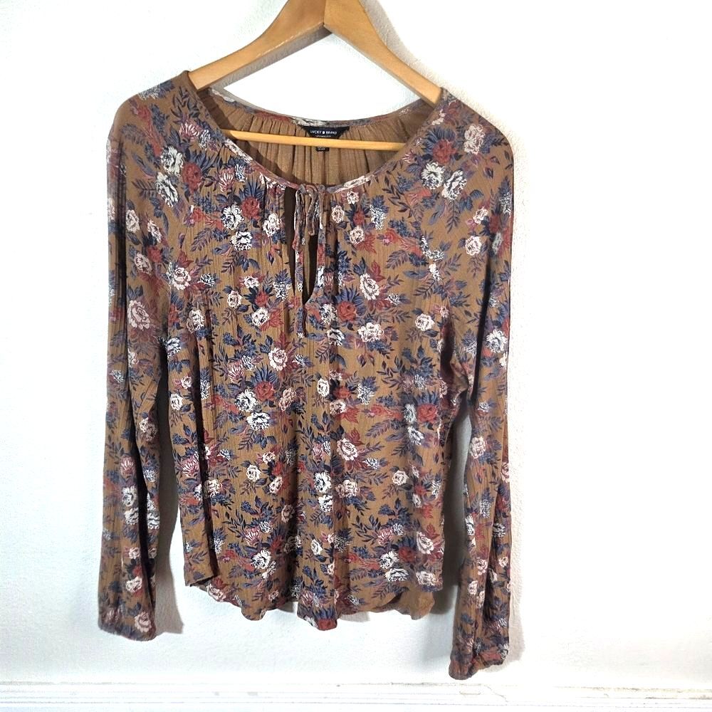 Lucky Brand Floral Peasant Blouse Womens Small Petite Brown Rust Blue Tie Neck